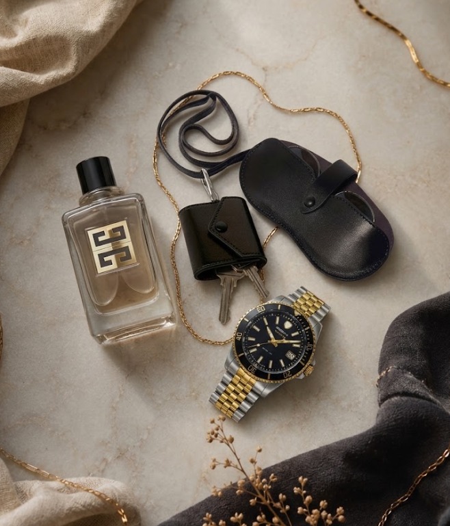 Curated men's gift flatlay with watch, wallet, and cologne