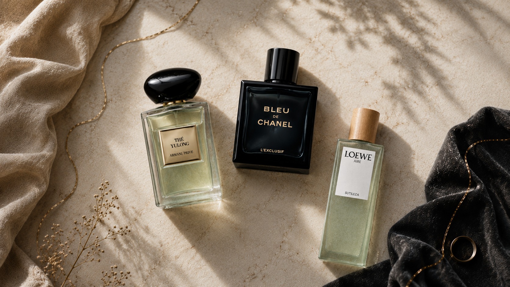 Curated perfume flatlay with roses and gift box